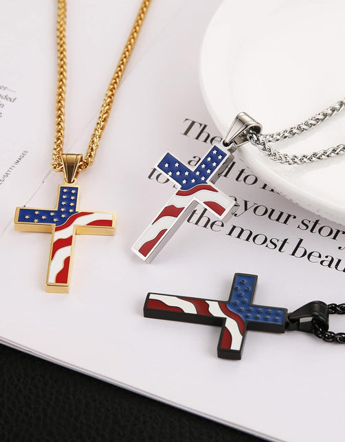 Load image into Gallery viewer, American Flag Patriotic Cross Religious Jewelry Pendant Necklace
