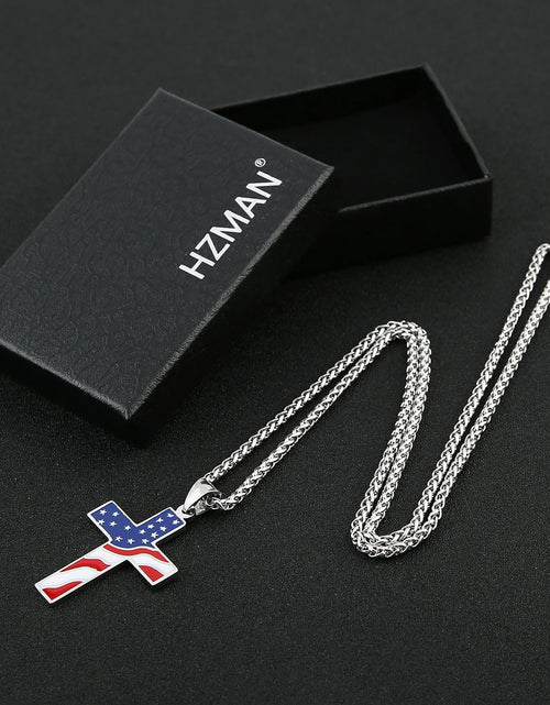 Load image into Gallery viewer, American Flag Patriotic Cross Religious Jewelry Pendant Necklace
