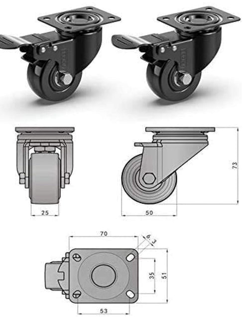 Load image into Gallery viewer, 2&quot; Heavy Duty Caster Wheels with 2 Brakes + Screws - up to 440Lbs - Set of 4 No Floor Marks Silent Castor for Furniture - Rubbered Trolley Wheels - Black Casters
