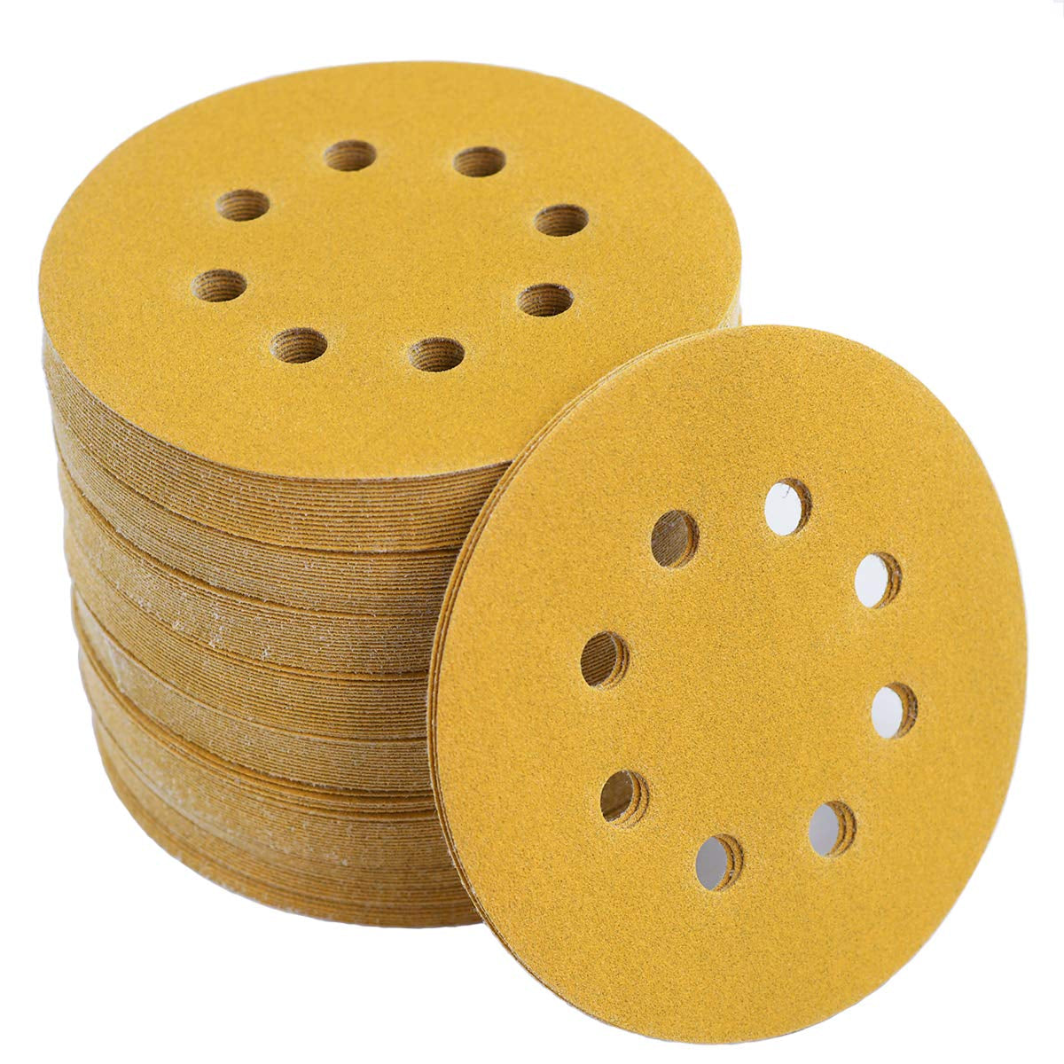 5-Inch 8-Hole Hook and Loop Sanding Discs 150-Grit Random Orbit Sandpaper, 100-Pack