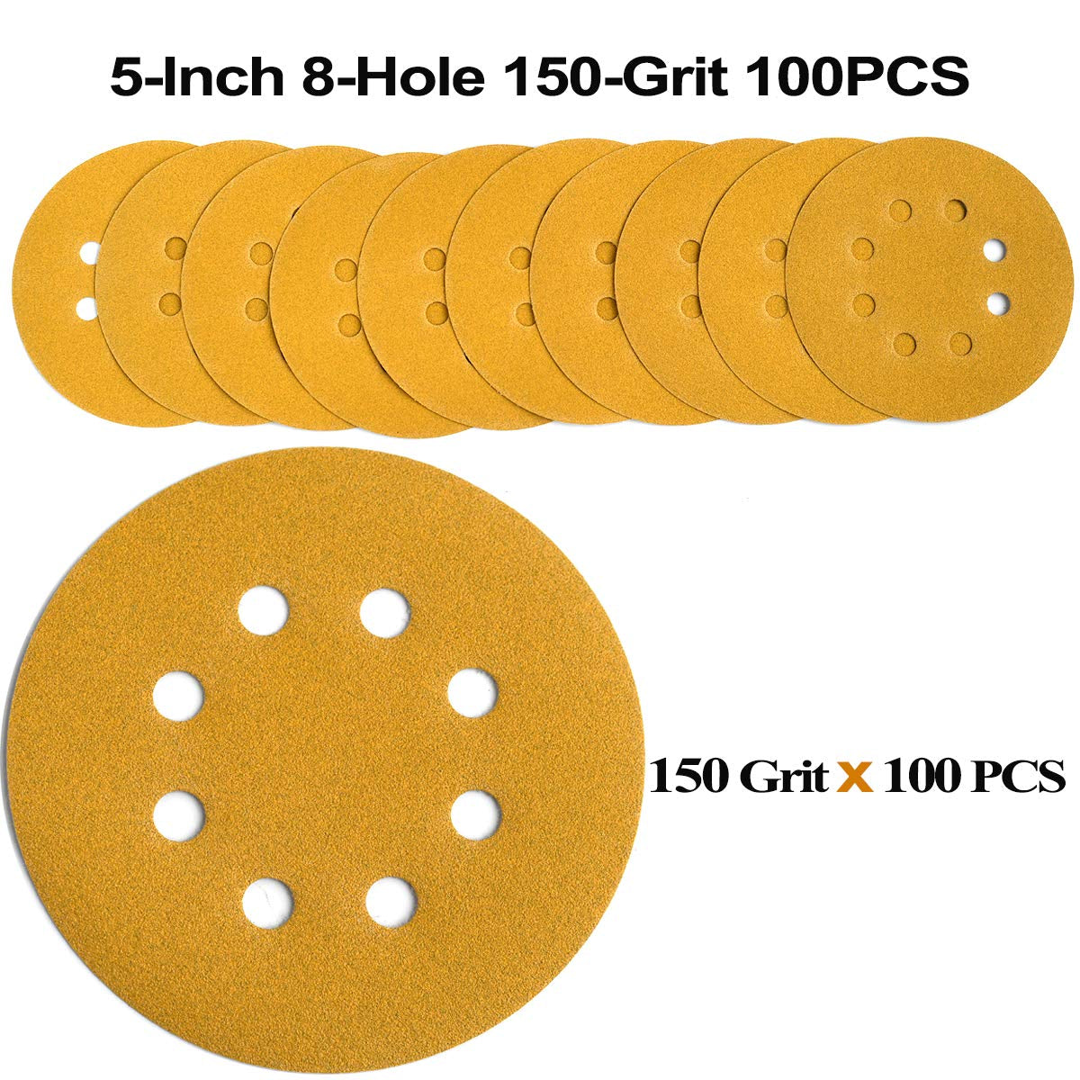 5-Inch 8-Hole Hook and Loop Sanding Discs 150-Grit Random Orbit Sandpaper, 100-Pack