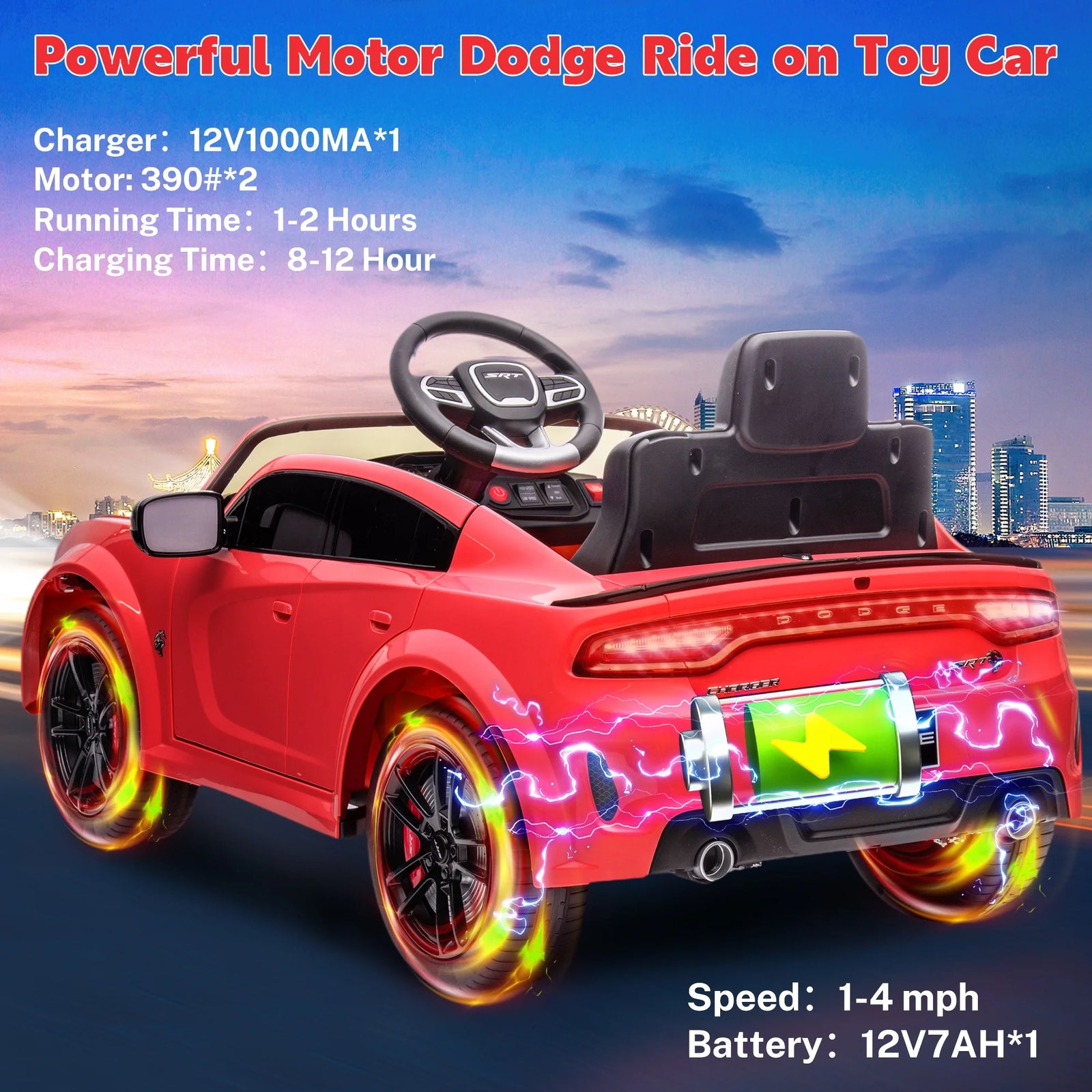 Dodge Electric Ride on Cars for Kids, 12V Licensed Dodge Charger SRT Powered Ride on Toys Cars with Parent Remote Control, Electric Car for Girls 3-5 W/Music Player/Led Headlights/Safety Belt, Red