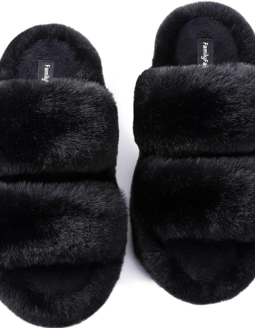 Load image into Gallery viewer, Women&#39;S Fluffy Faux Fur Slippers Comfy Open Toe Two Band Slides with Fleece Lining and Rubber Sole
