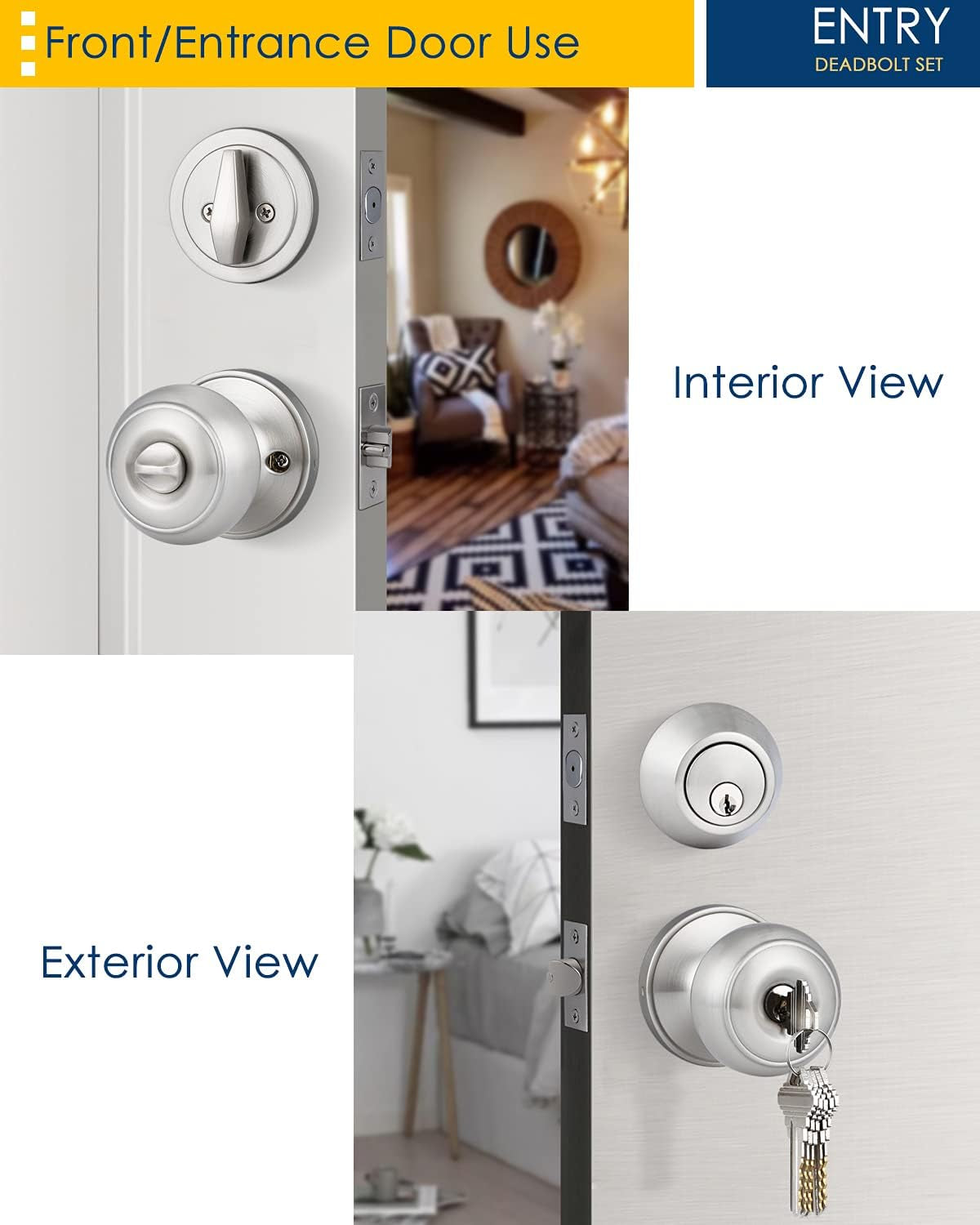 4 Pack Entry Door Knob and Single Cylinder Deadbolt Combo Pack in Satin Nickel, Keyed Alike Exterior Door Lock Set with Deadbolt, Door Knobs with Deadbolt for Entrance and Front Door