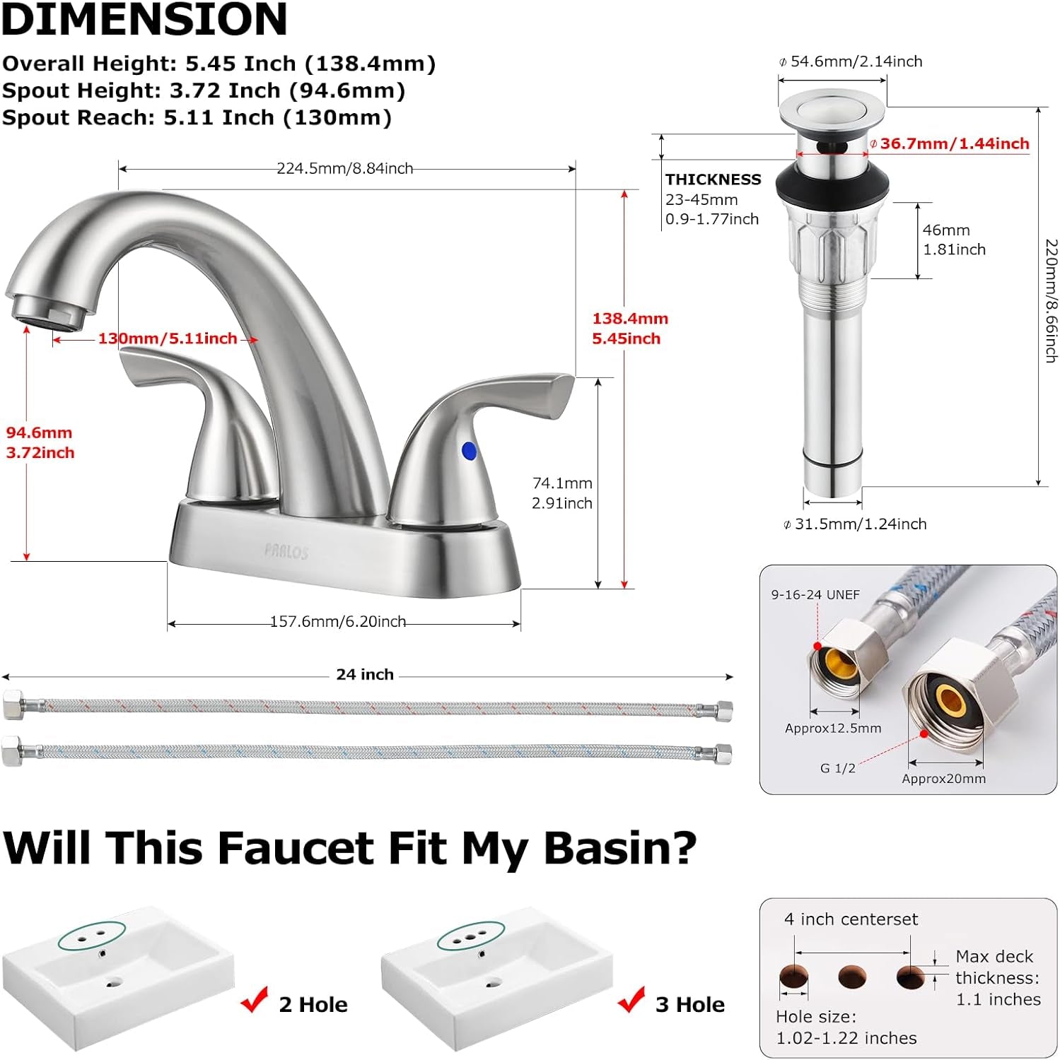 2-Handle Bathroom Sink Faucet with Drain Assembly and Supply Hose Lead-Free Cupc Lavatory Faucet Mixer Double Handle Tap Deck Mounted Brushed Nickel,13598