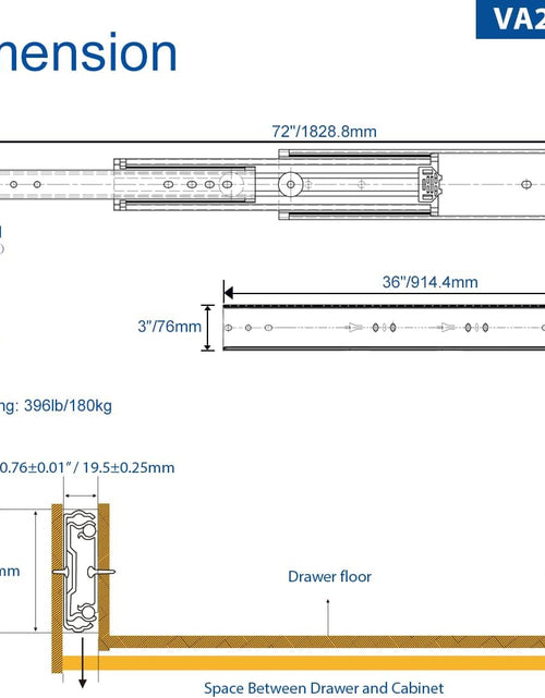 Load image into Gallery viewer, 56&quot; Industrial Grade Heavy Duty Drawer Slide without Lock #VA2576, 3&quot; Widening up to 308Lb Load Capacity, 3-Fold Full Extension, Ball Bearing, Side Mount, 1-Pair
