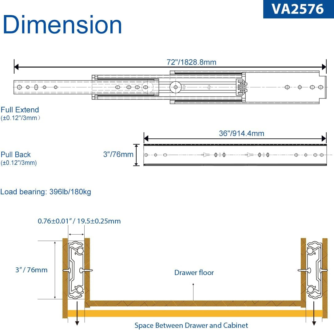 56" Industrial Grade Heavy Duty Drawer Slide without Lock #VA2576, 3" Widening up to 308Lb Load Capacity, 3-Fold Full Extension, Ball Bearing, Side Mount, 1-Pair