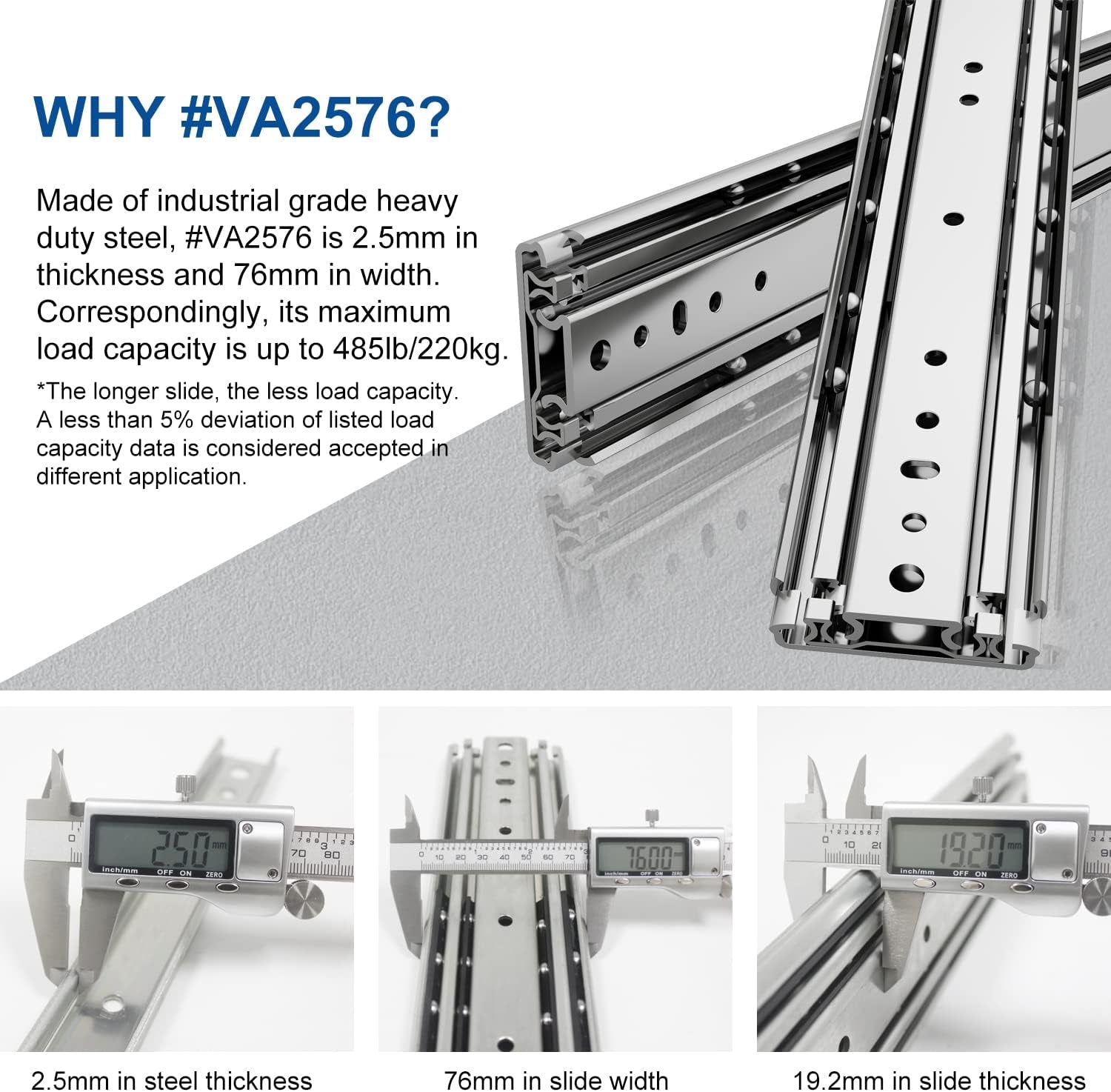 56" Industrial Grade Heavy Duty Drawer Slide without Lock #VA2576, 3" Widening up to 308Lb Load Capacity, 3-Fold Full Extension, Ball Bearing, Side Mount, 1-Pair