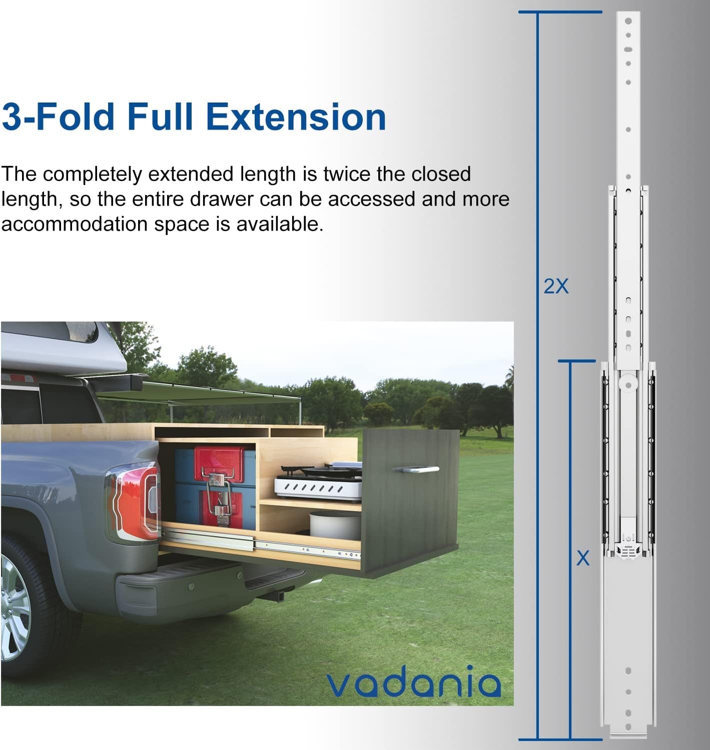 56" Industrial Grade Heavy Duty Drawer Slide without Lock #VA2576, 3" Widening up to 308Lb Load Capacity, 3-Fold Full Extension, Ball Bearing, Side Mount, 1-Pair