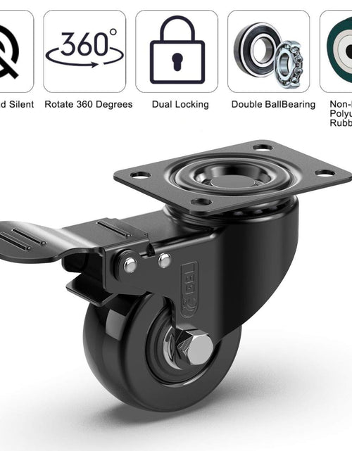 Load image into Gallery viewer, 2&quot; Heavy Duty Caster Wheels with 2 Brakes + Screws - up to 440Lbs - Set of 4 No Floor Marks Silent Castor for Furniture - Rubbered Trolley Wheels - Black Casters
