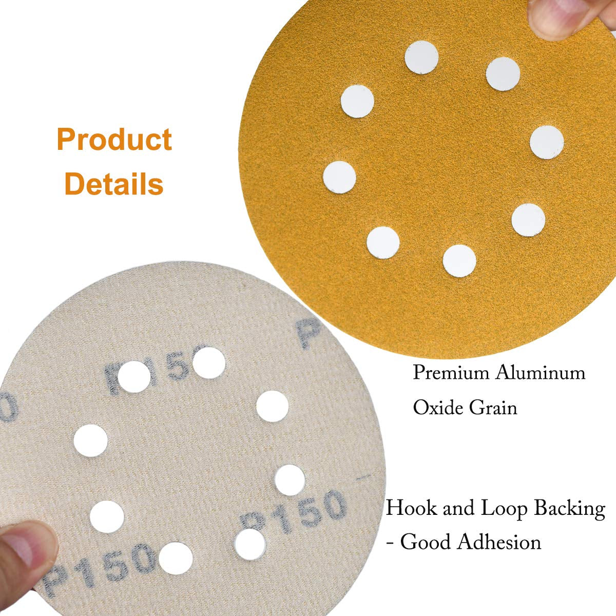 5-Inch 8-Hole Hook and Loop Sanding Discs 150-Grit Random Orbit Sandpaper, 100-Pack